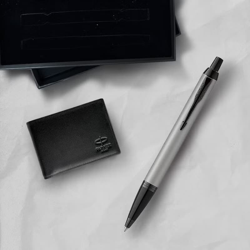Parker 派克 新IM 特別款內斂灰原子筆 牛皮短夾禮盒  免費刻字