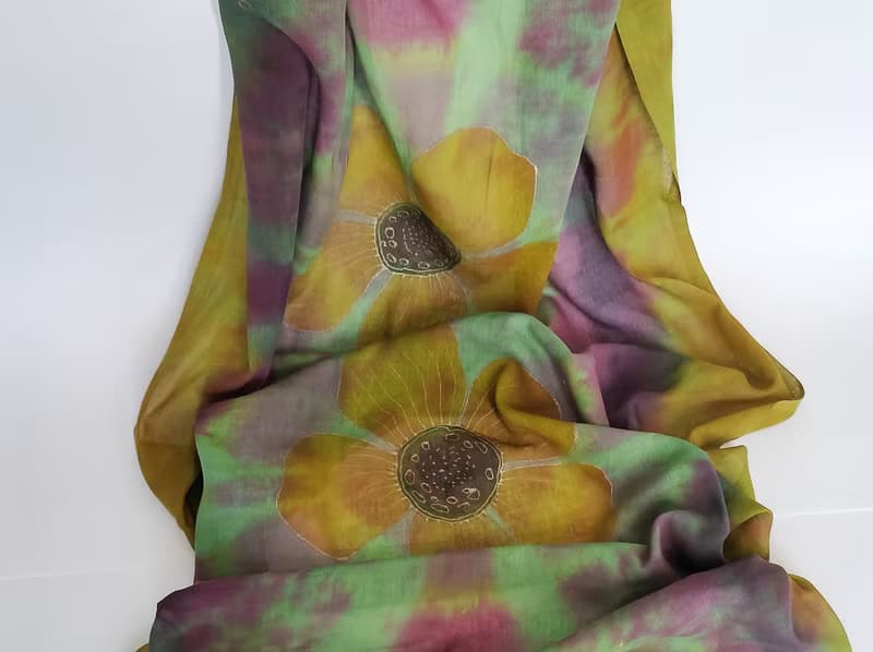Green yellow cotton floral scarf Womens cotton long scarf Hand dyed scarf