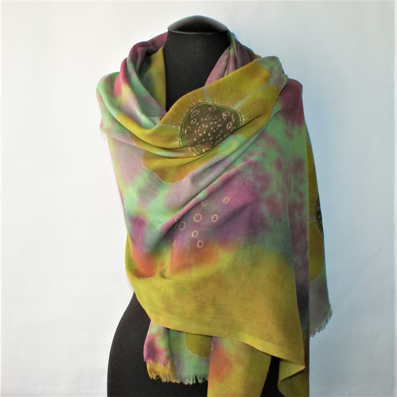 Green yellow cotton floral scarf Womens cotton long scarf Hand dyed scarf