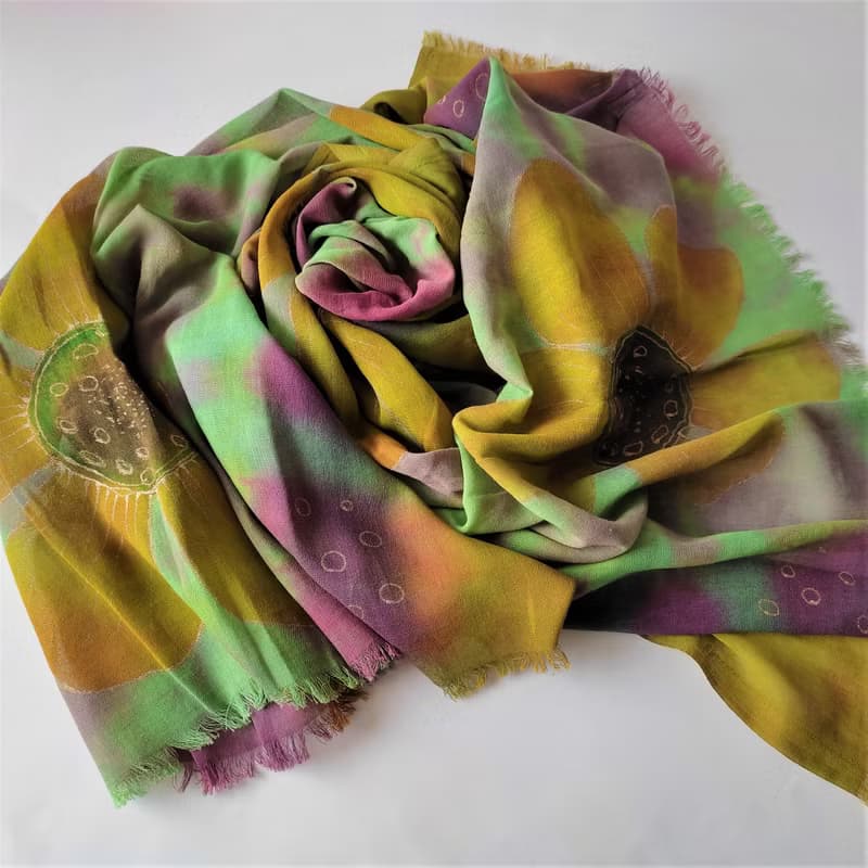 Green yellow cotton floral scarf Womens cotton long scarf Hand dyed scarf
