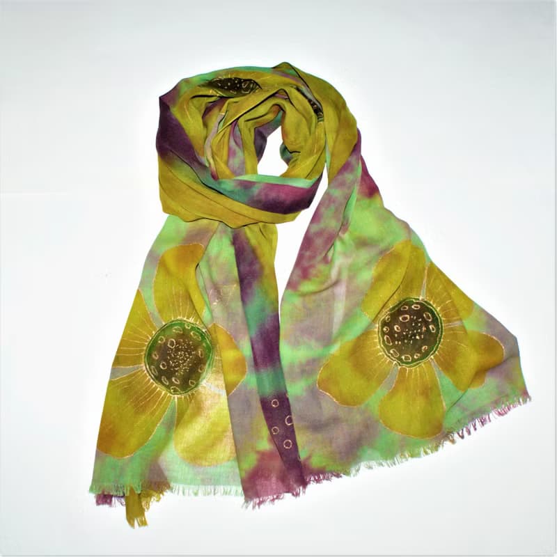 Green yellow cotton floral scarf Womens cotton long scarf Hand dyed scarf