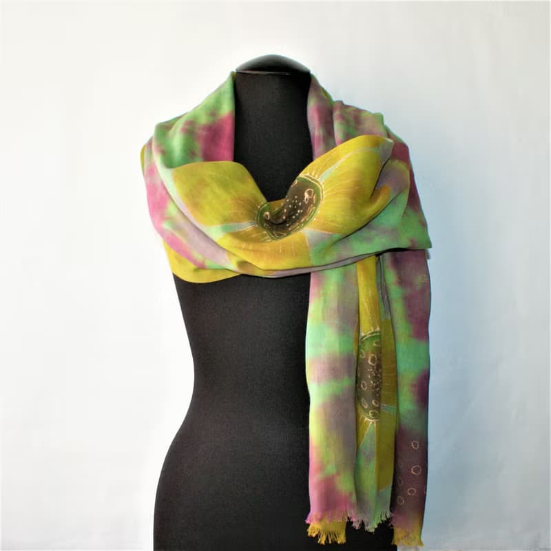 Green yellow cotton floral scarf Womens cotton long scarf Hand dyed scarf
