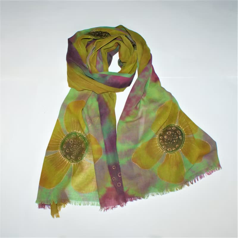 Green yellow cotton floral scarf Womens cotton long scarf Hand dyed scarf