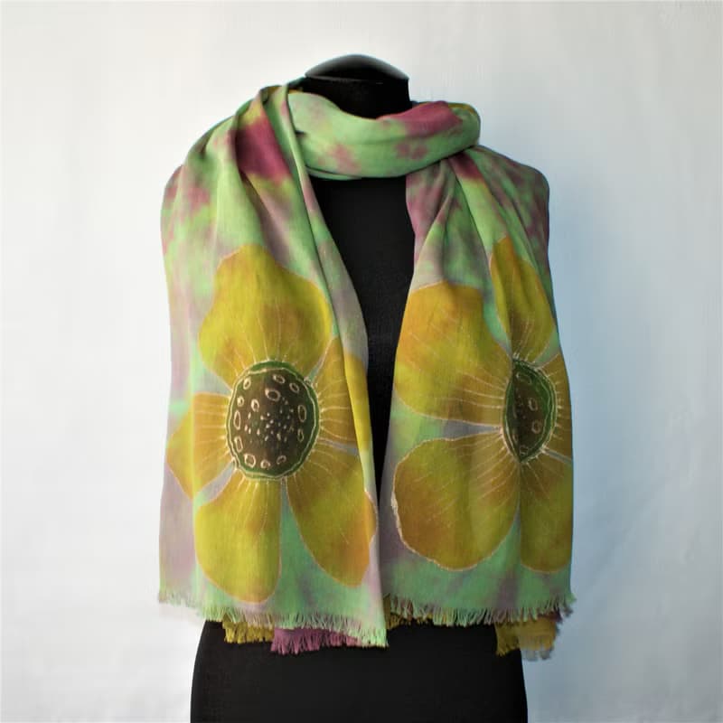 Green yellow cotton floral scarf Womens cotton long scarf Hand dyed scarf