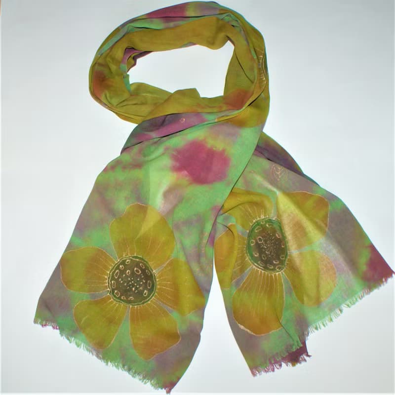 Green yellow cotton floral scarf Womens cotton long scarf Hand dyed scarf