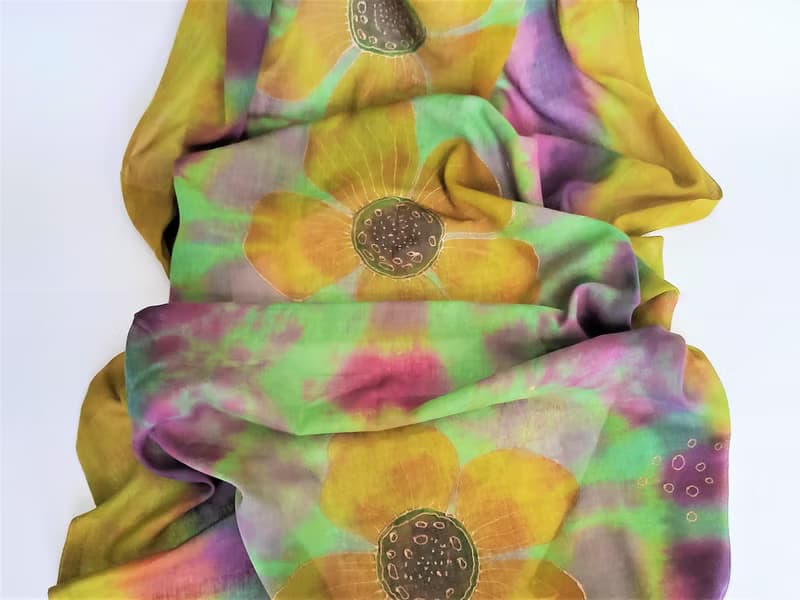 Green yellow cotton floral scarf Womens cotton long scarf Hand dyed scarf