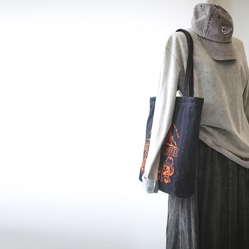 貓西CATWEST原創咖啡貓刺繡牛仔單肩包女復古布包四季休閒托特包