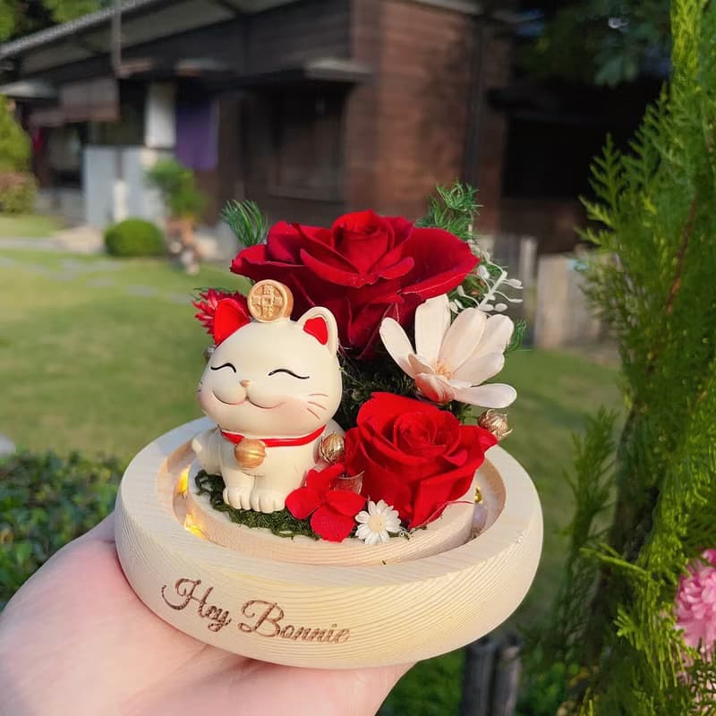 花開富貴 招財貓永生玫瑰玻璃圓球LED花盅