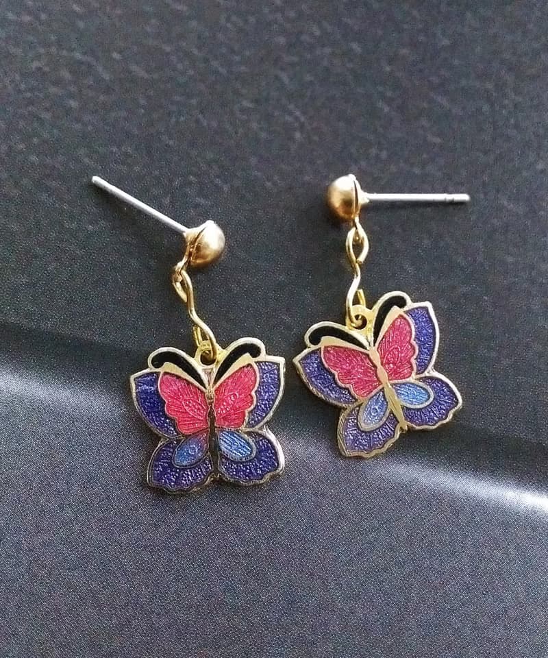 Vintage Jewelry 西洋古董飾品 景泰藍 紫紅 小蝴蝶 針式耳環