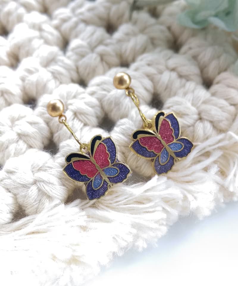 Vintage Jewelry 西洋古董飾品 景泰藍 紫紅 小蝴蝶 針式耳環
