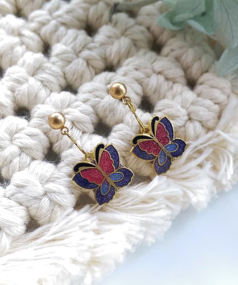 Vintage Jewelry 西洋古董飾品 景泰藍 紫紅 小蝴蝶 針式耳環