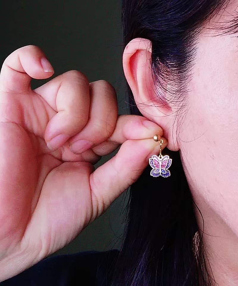 Vintage Jewelry 西洋古董飾品 景泰藍 紫紅 小蝴蝶 針式耳環