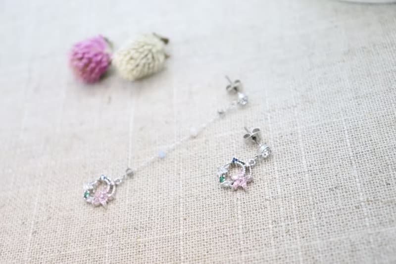 Mismatched Pink Flower Crystals Long Chain Titanium Post Earrings