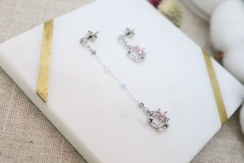 Mismatched Pink Flower Crystals Long Chain Titanium Post Earrings