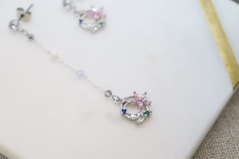 Mismatched Pink Flower Crystals Long Chain Titanium Post Earrings