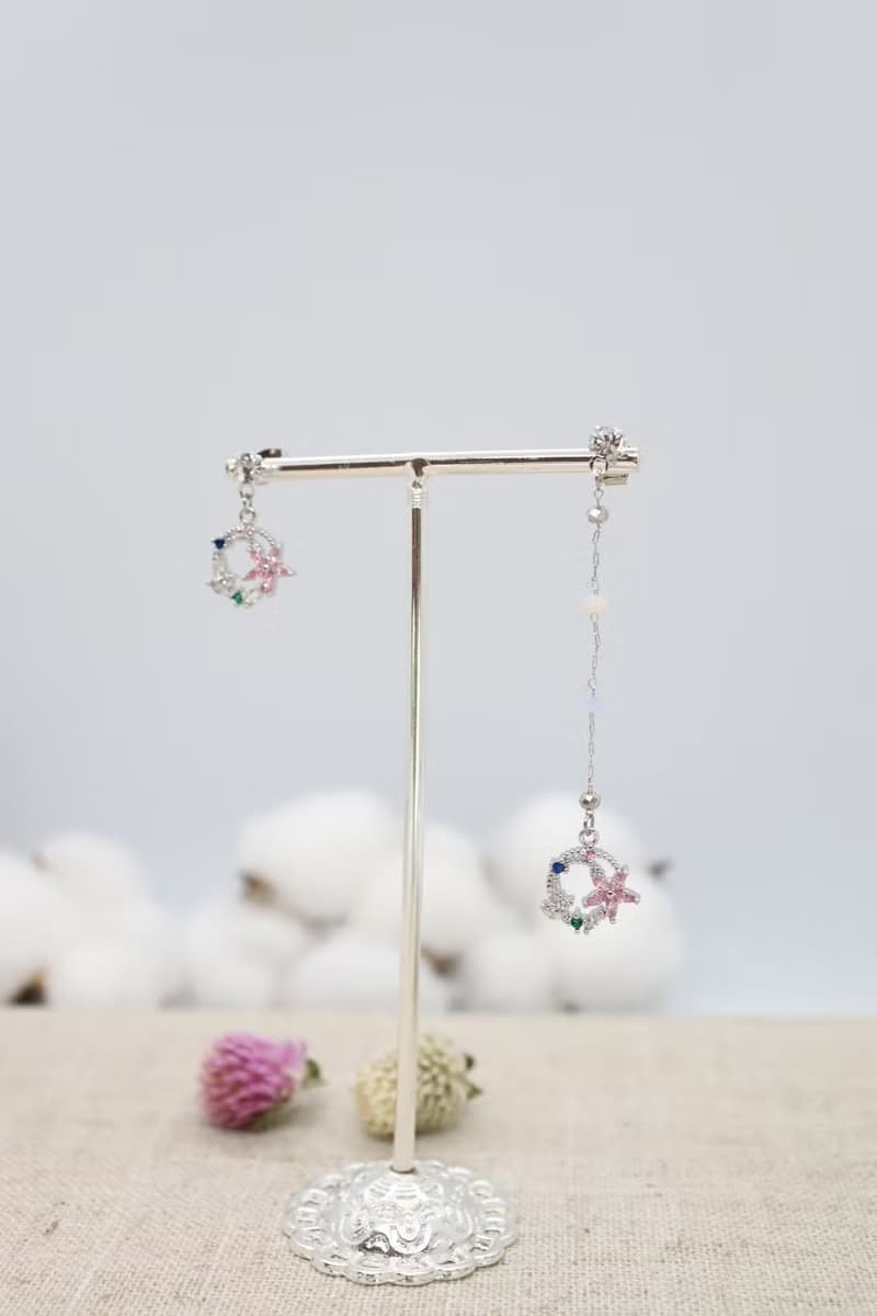 Mismatched Pink Flower Crystals Long Chain Titanium Post Earrings