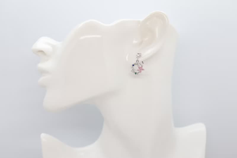 Mismatched Pink Flower Crystals Long Chain Titanium Post Earrings