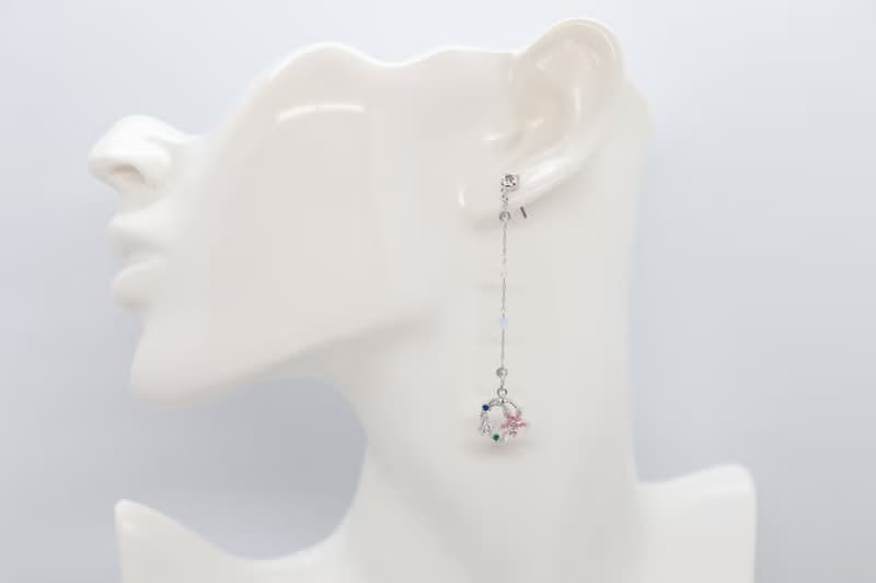 Mismatched Pink Flower Crystals Long Chain Titanium Post Earrings