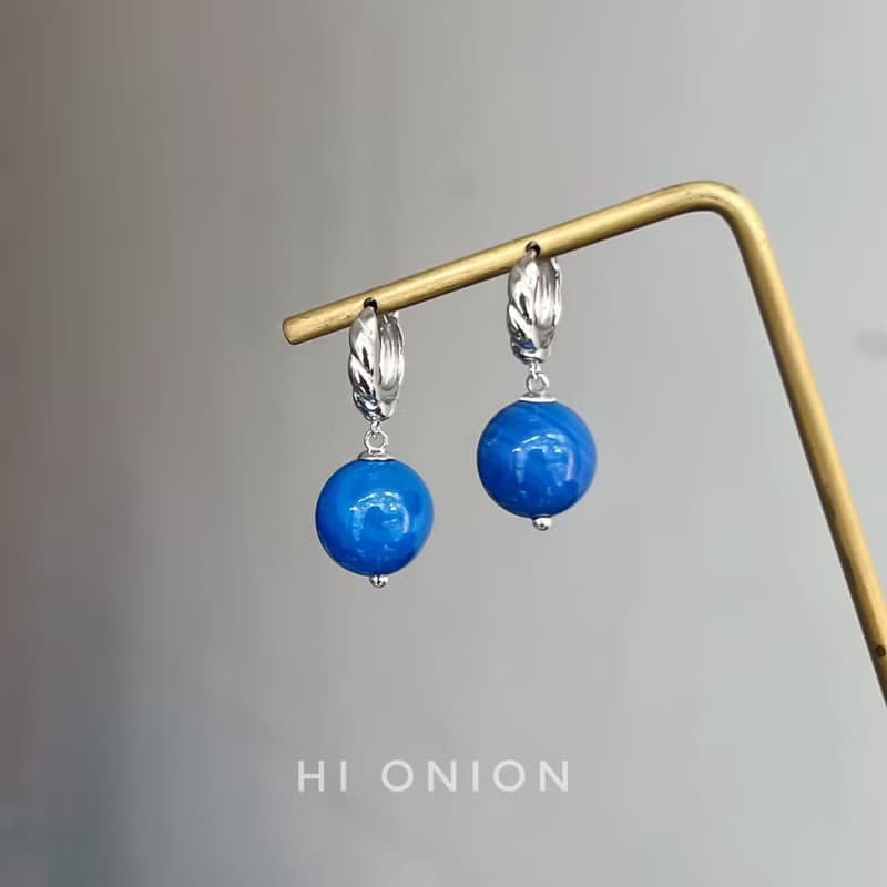Hi Onion原創小眾天然復古藍瑪瑙耳環S925銀耳扣新中式男女耳夾