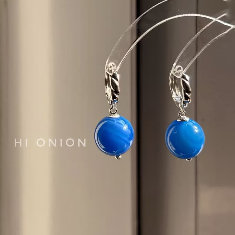 Hi Onion原創小眾天然復古藍瑪瑙耳環S925銀耳扣新中式男女耳夾