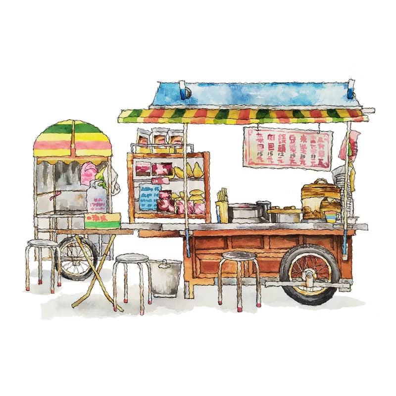 台灣懷舊街景海報-北港杏仁茶早餐餐車-藝術微噴/文創掛畫/複製畫