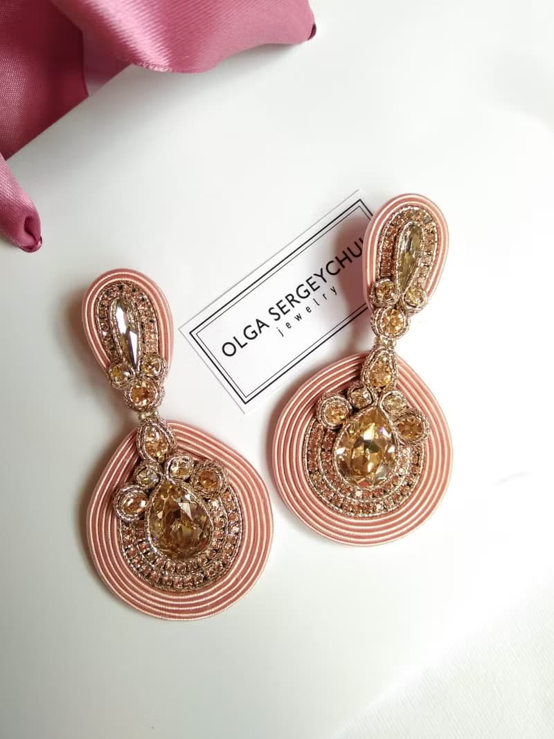 Earrings Massive earrings with Swarovski stones in salmon color Christmas Gift W