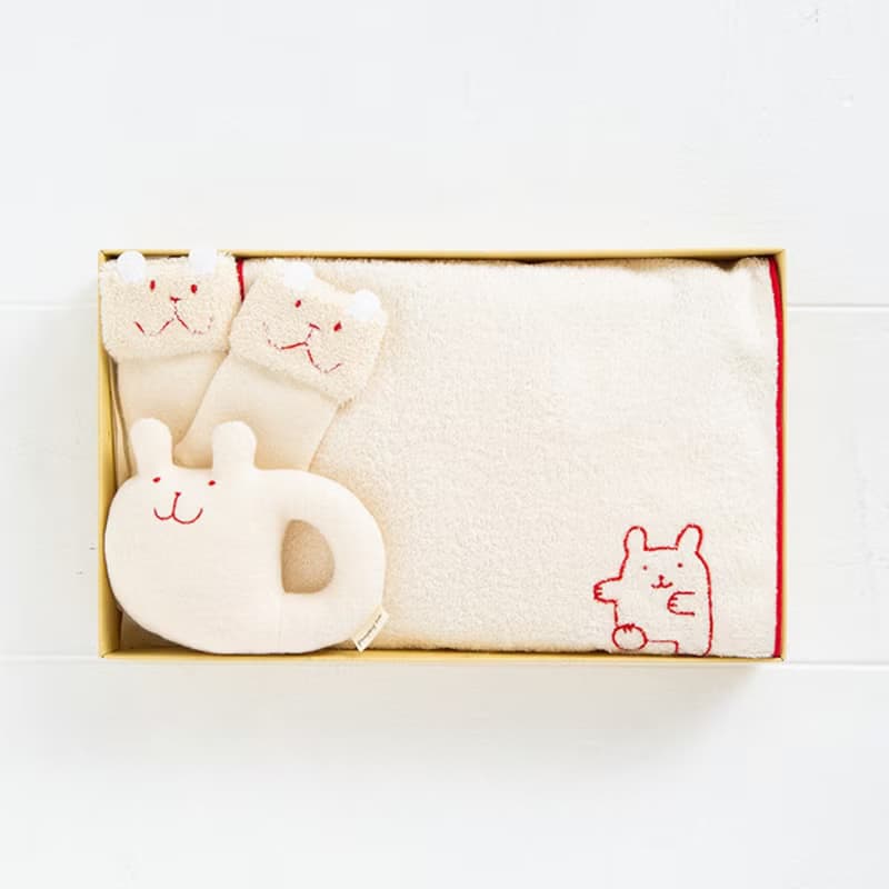 ギフトセットSB 100%オーガニックコットン ガラガラ ソックス タオル 3点セット 出産のお祝いに うさぎ くま 日本製
