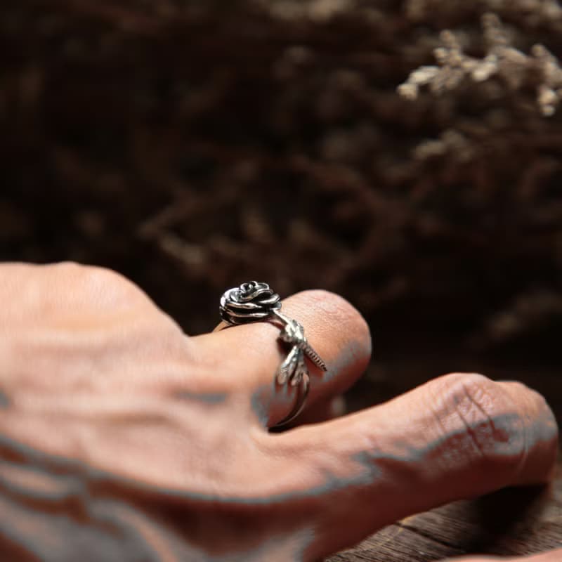 蜻蜓玫瑰戒指女士銀