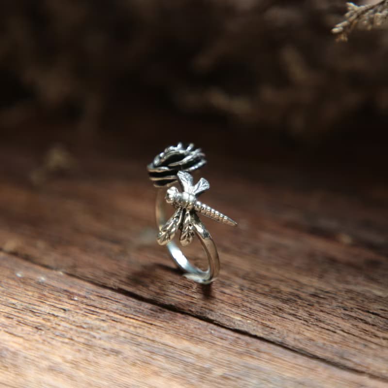 蜻蜓玫瑰戒指女士銀