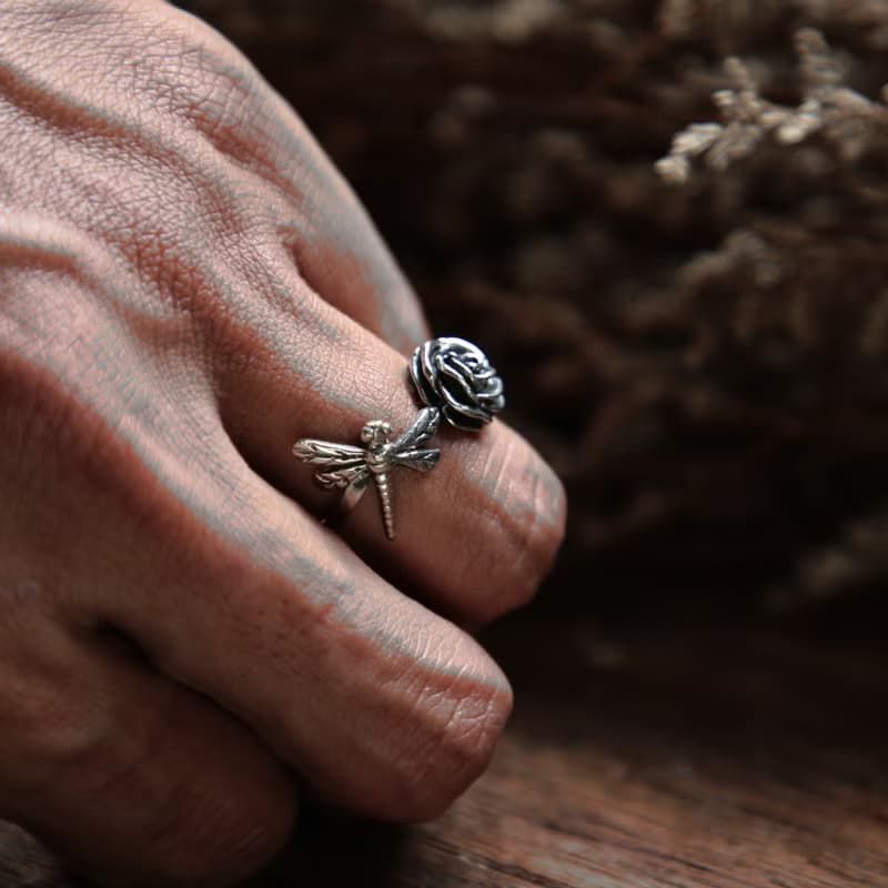 蜻蜓玫瑰戒指女士銀