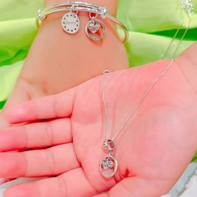 聖誕禮物心心相愛 純銀Baby手鐲+媽咪純銀項鍊(1+1套組)