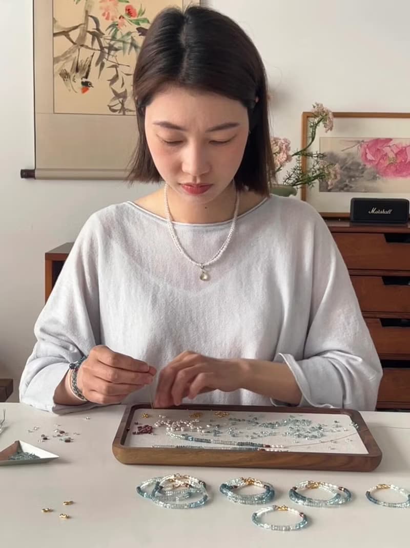 原創溯光天然漸變色海藍寶天然淡水珍珠算盤手鏈手串生日禮物
