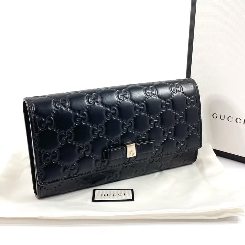 【日本直送 中古美品】グッチ GUCCI 長財布 388679 リボン シマレザー ブラック