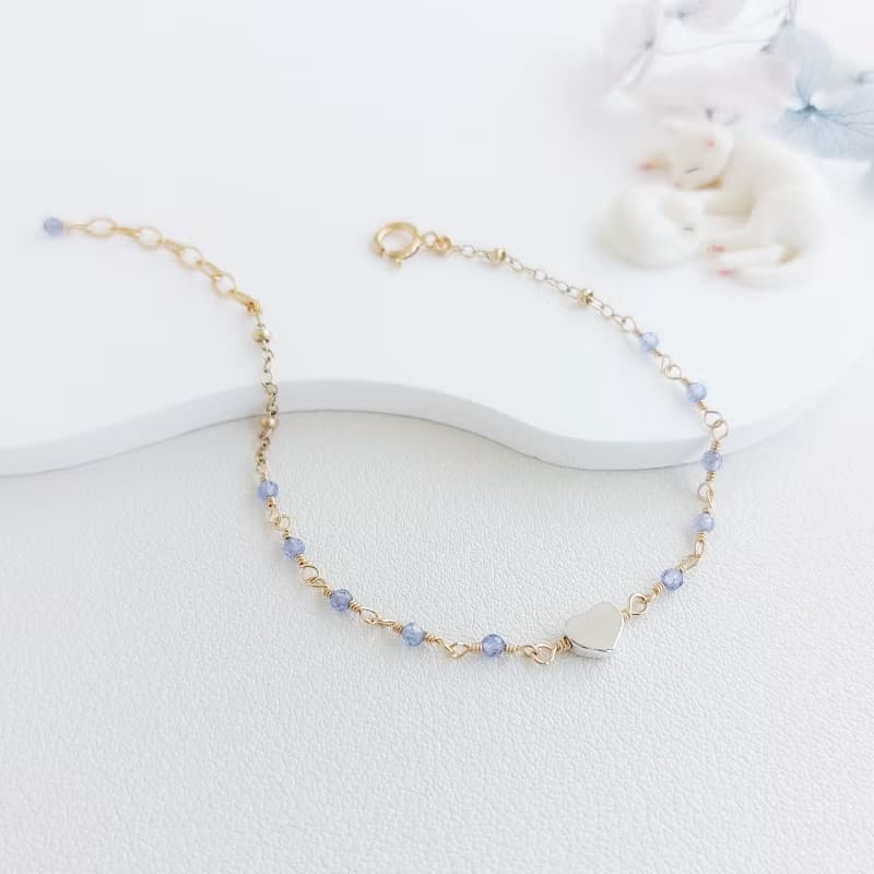 925銀愛心 + 坦桑石 x 14KGF手鍊