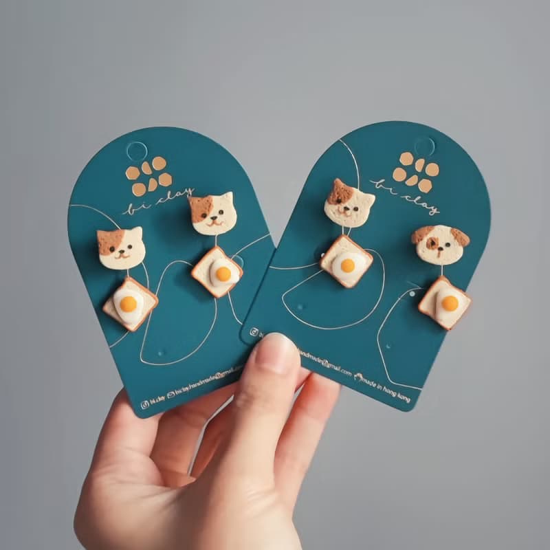 bi playful//動物面包太陽蛋兩帶式手工軟陶耳環