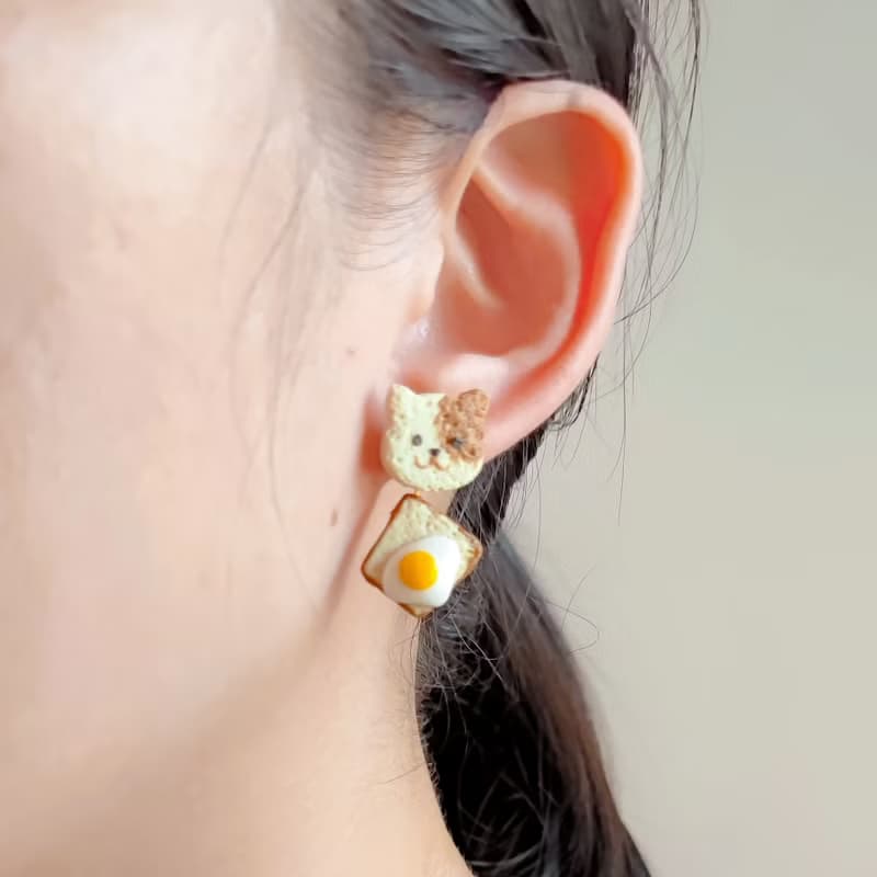 bi playful//動物面包太陽蛋兩帶式手工軟陶耳環