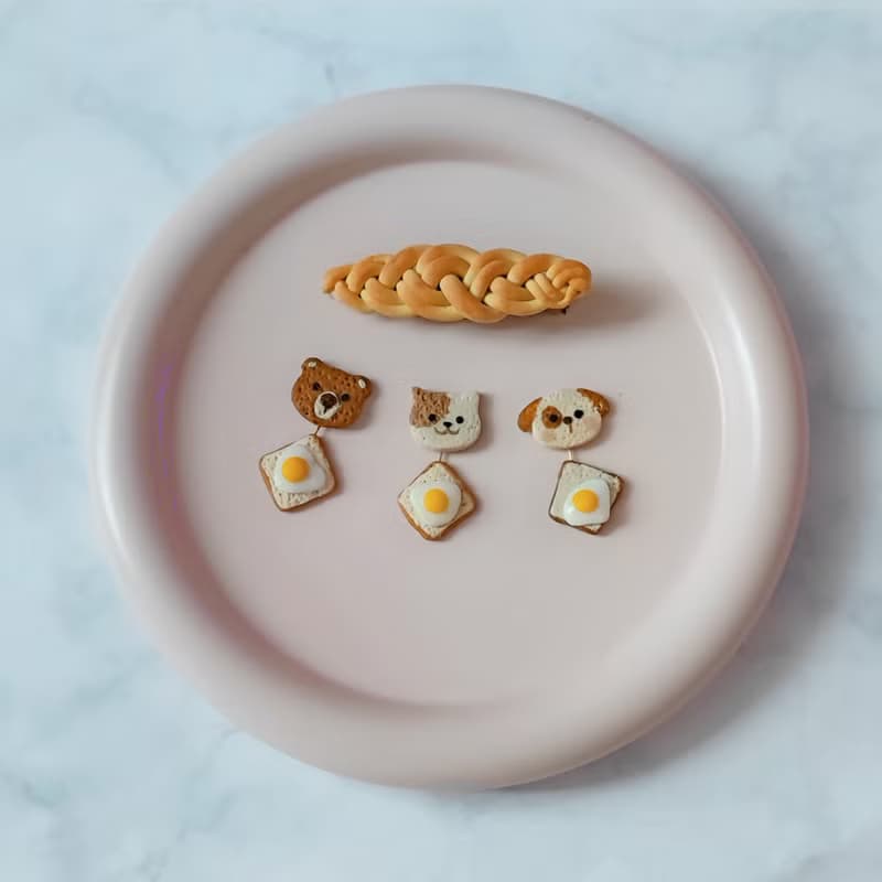 bi playful//動物面包太陽蛋兩帶式手工軟陶耳環