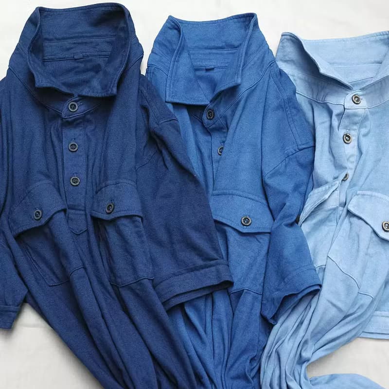 工裝襯衫領 植物藍染 手繪手工草木染indigo 全棉貼袋短袖T恤