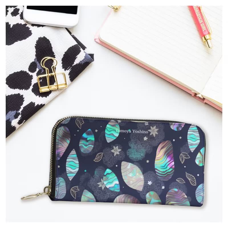 ゆめかわいいきらびやかなパステルでメルヘンチックなアバロン貝 長財布ポーチ 本革