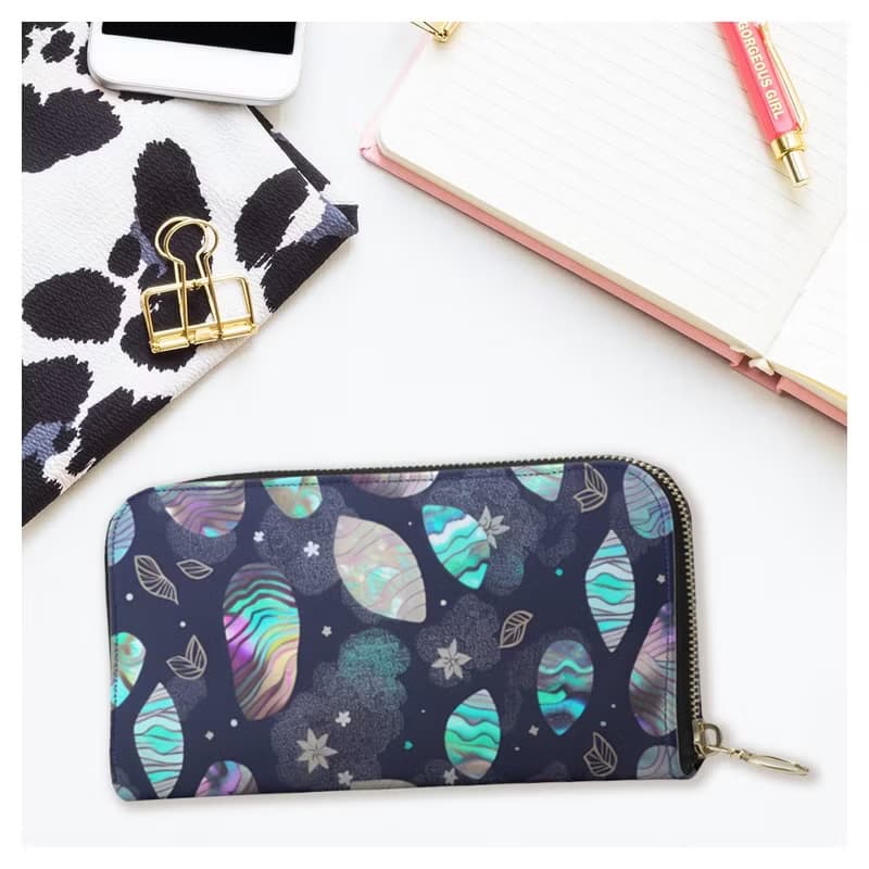 ゆめかわいいきらびやかなパステルでメルヘンチックなアバロン貝 長財布ポーチ 本革