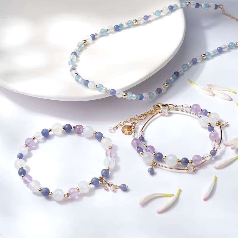 月光石紫晶坦桑石14K包金水晶手鏈