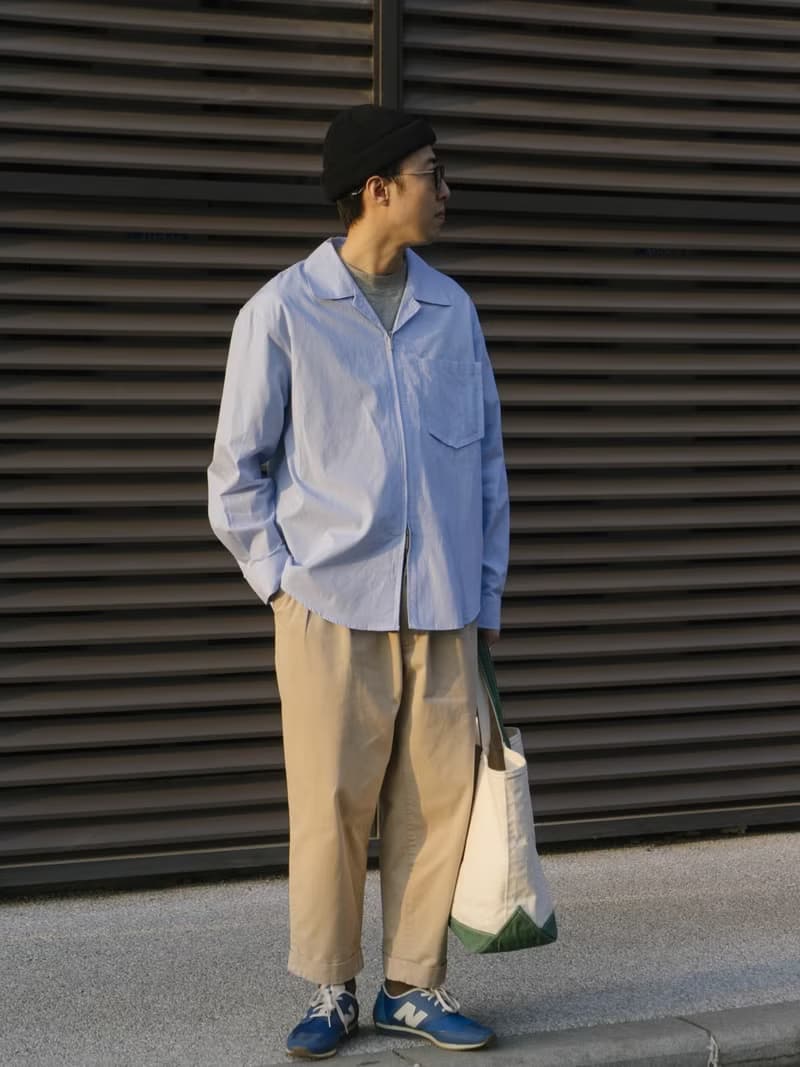 SHIRT 淺藍色古巴領雙向拉鏈長袖襯衫 寬松款細條紋肌理Cityboy