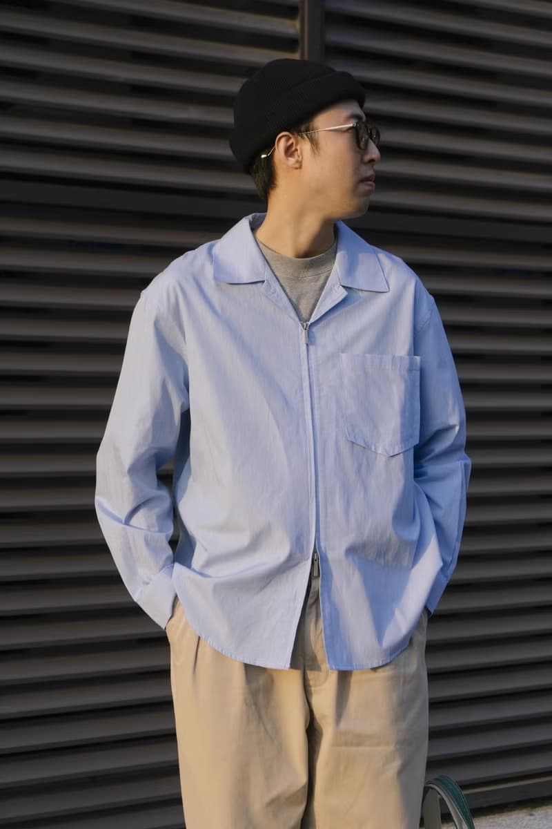 SHIRT 淺藍色古巴領雙向拉鏈長袖襯衫 寬松款細條紋肌理Cityboy