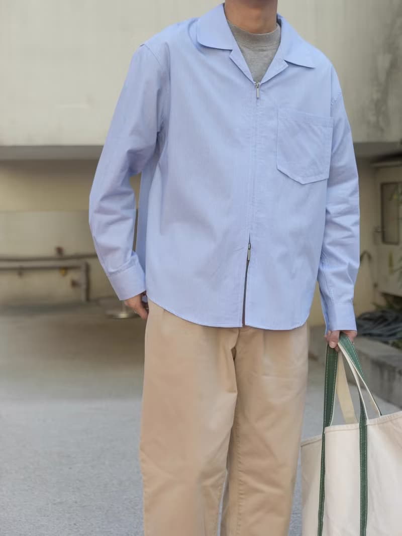 SHIRT 淺藍色古巴領雙向拉鏈長袖襯衫 寬松款細條紋肌理Cityboy