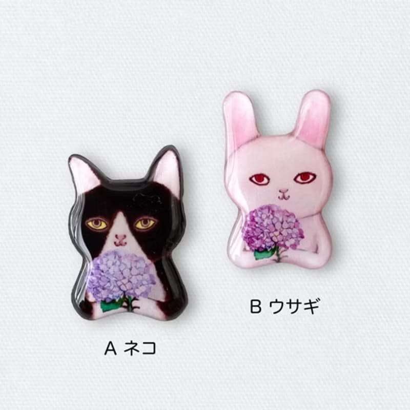 紫陽花ネコとウサギのブローチ(2種類)