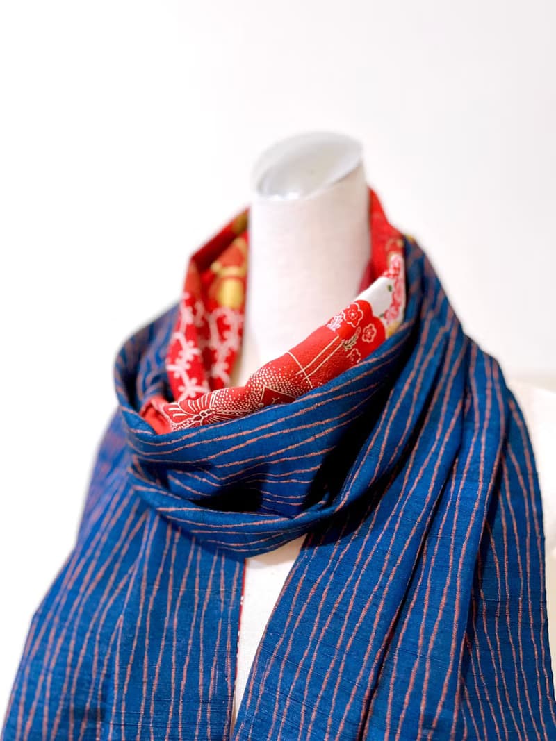 純手作日系紅色拼接花朵仙鶴花鳥撞色絲質海軍藍立涌圍巾披肩