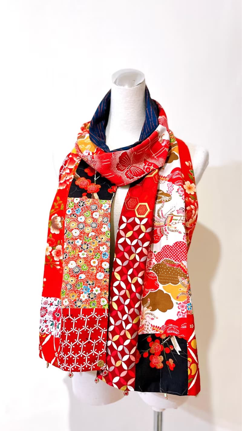純手作日系紅色拼接花朵仙鶴花鳥撞色絲質海軍藍立涌圍巾披肩