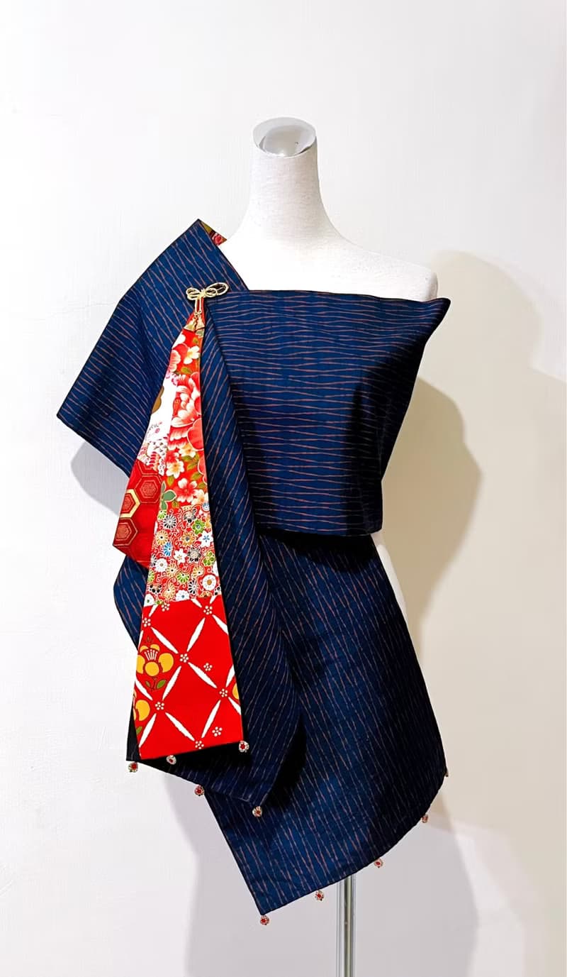 純手作日系紅色拼接花朵仙鶴花鳥撞色絲質海軍藍立涌圍巾披肩