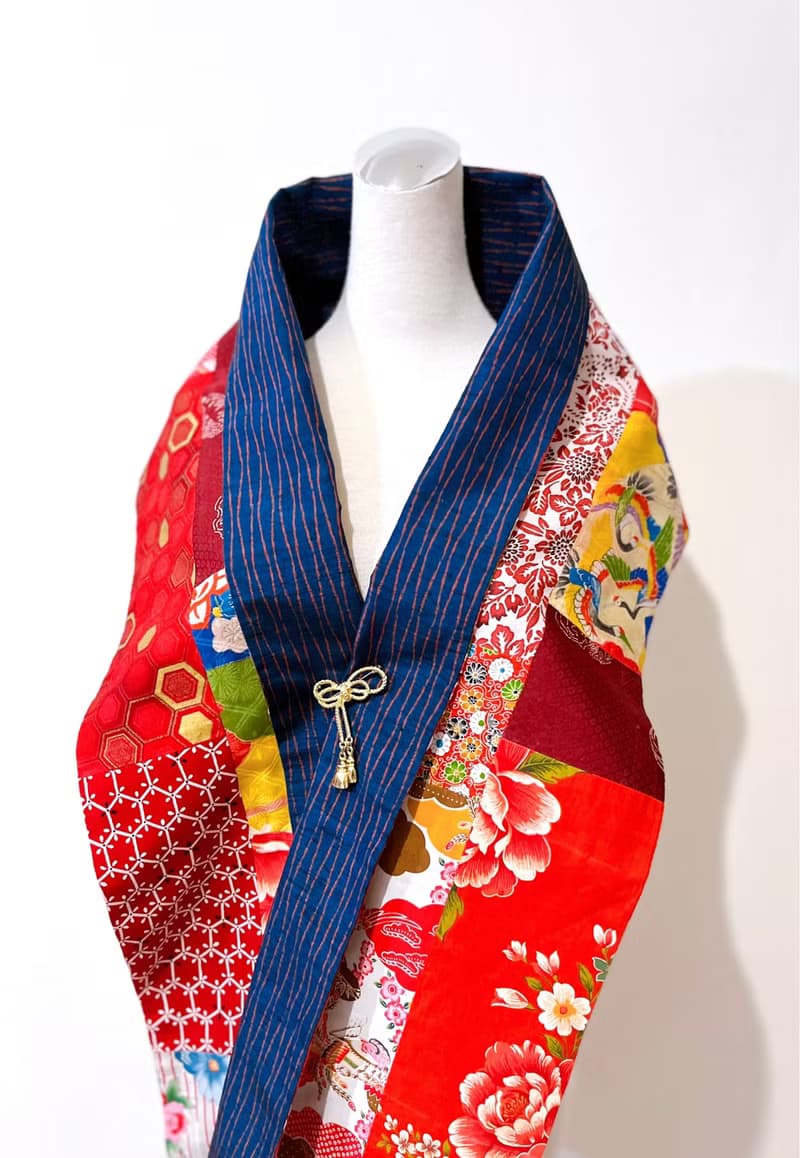 純手作日系紅色拼接花朵仙鶴花鳥撞色絲質海軍藍立涌圍巾披肩