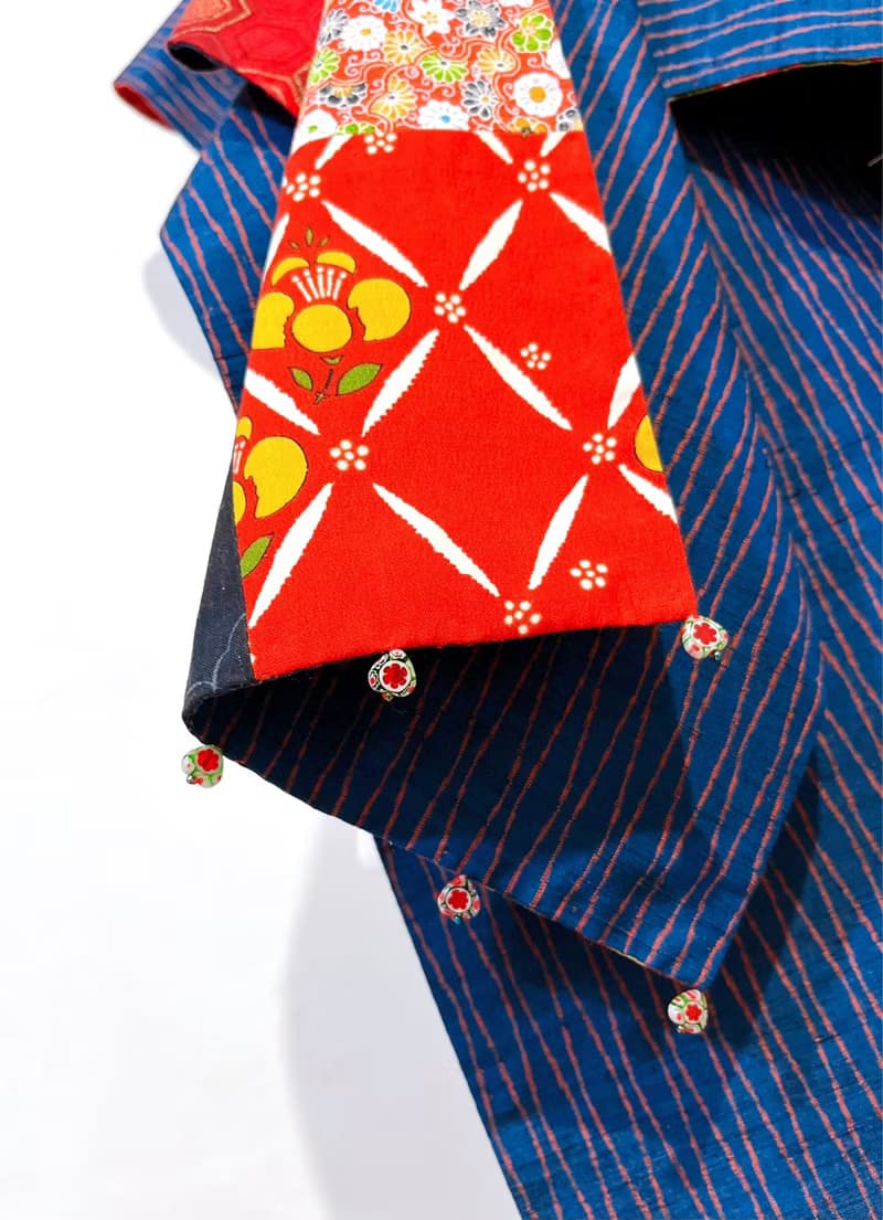 純手作日系紅色拼接花朵仙鶴花鳥撞色絲質海軍藍立涌圍巾披肩